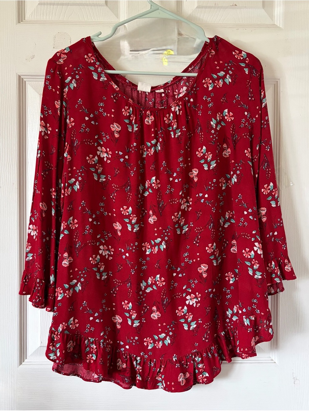 GAP Red‎ Floral Peasant Blouse with Ruffle Hem